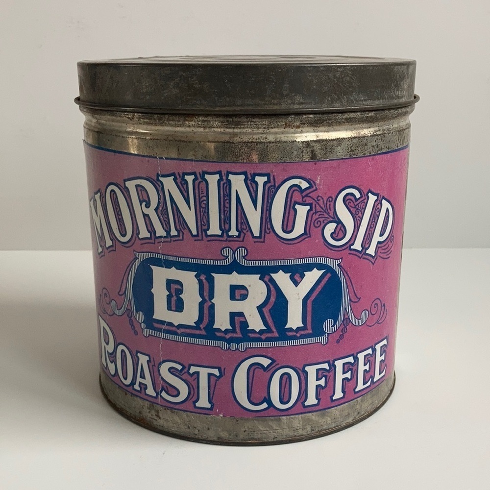 Coffee bar reproduction Morning Sip Dry Roast Coffee advertising tin with lid